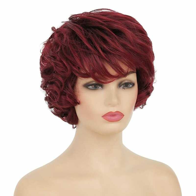 Peluca de cabello sintético resistente al calor para mujer, Pelo Rizado corto, color rojo vino, para el día a día