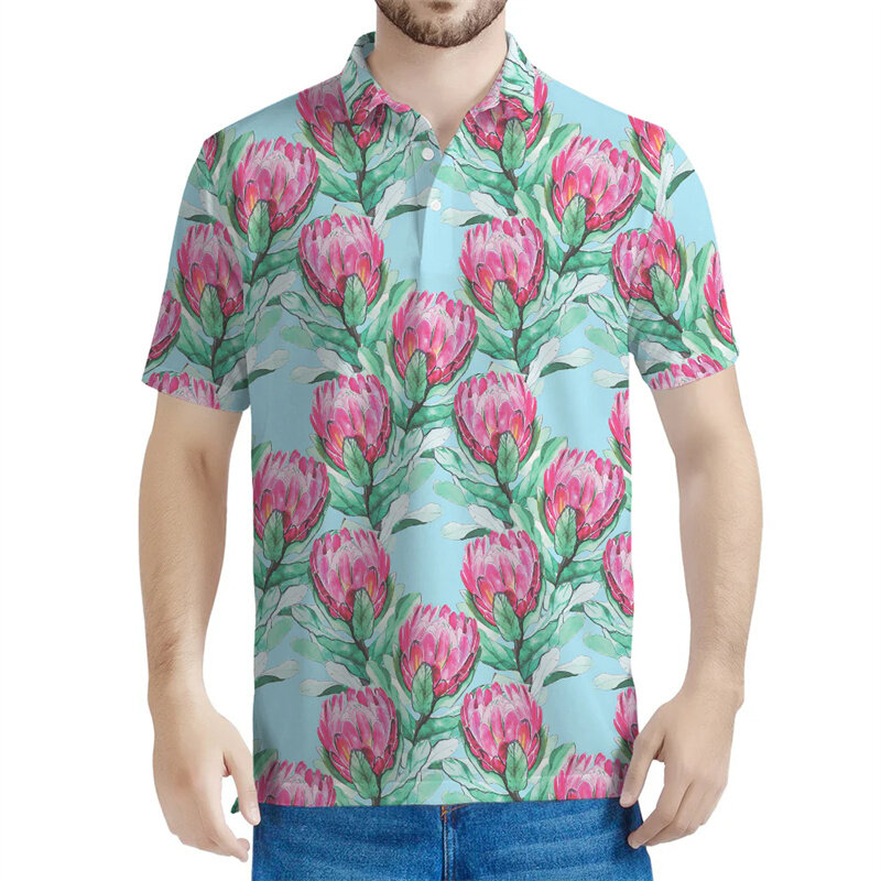 เสื้อโปโลลายดอกไม้ Protea สำหรับผู้ชายเสื้อโปโลแขนสั้นมีกระดุมแนวสตรีทเสื้อ3D ลายดอกไม้แบบลำลองสำหรับฤดูร้อน