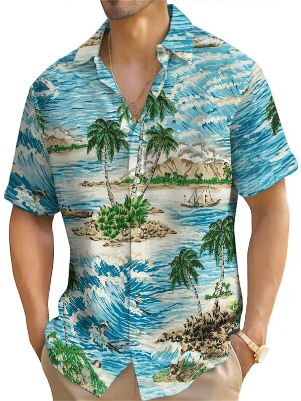 남성용 하와이안 셔츠, 반팔 상의, 코코넛 트리 그래픽 3D 셔츠, 패션 스트리트웨어, 5XL 여름 의류, 남성 블라우스, 신상