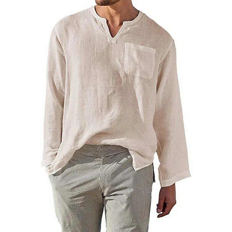 Kaus Lengan Panjang Longgar Biasa Kasual Warna Solid Remaja Linen Katun Linen Putih Musim Panas 2022 Pria
