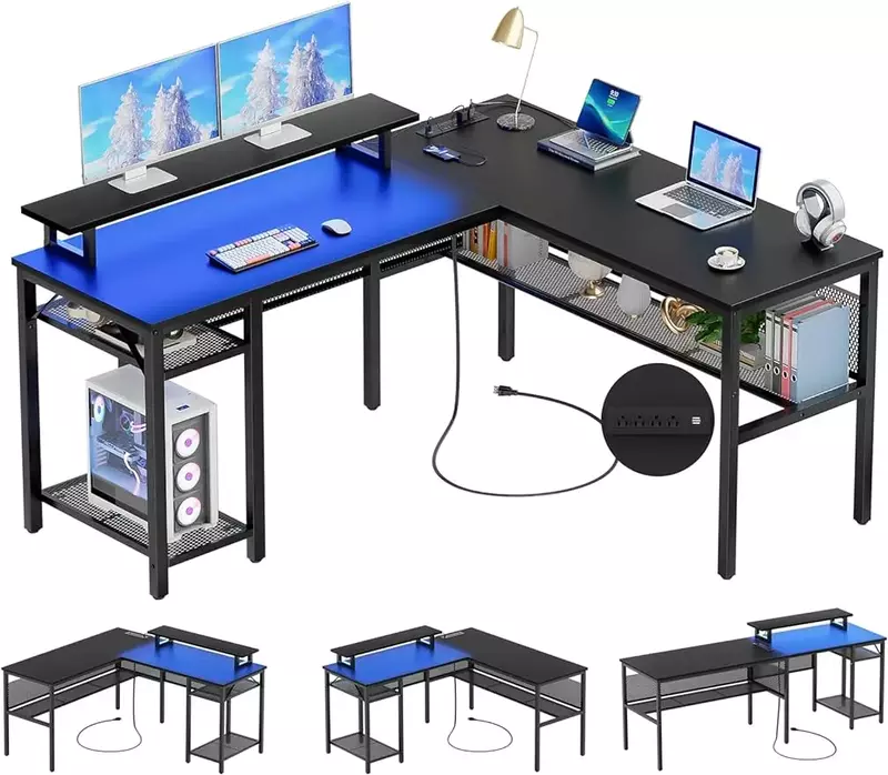 Meja berbentuk L, meja komputer sudut dapat dibalik dengan outlet daya ajaib dan lampu LED pintar, Meja bermain game komputer