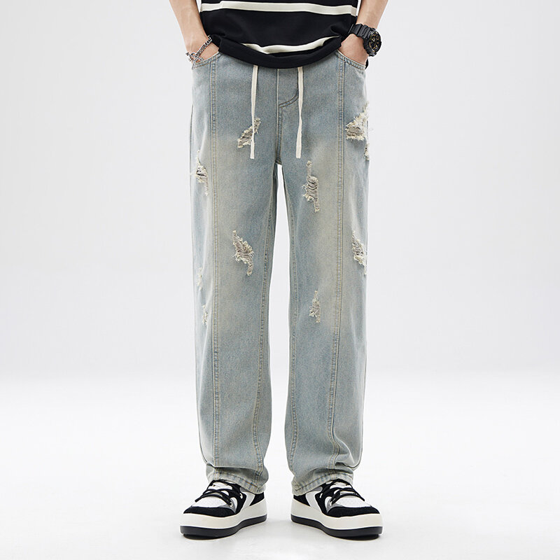 Celana jeans pria kasual warna polos, celana panjang longgar kaki lebar sederhana dan serbaguna dengan saku pinggang musim panas/semi