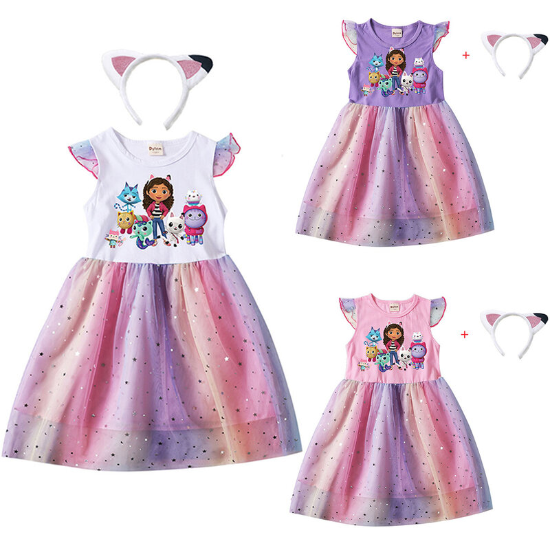 Boneca da Gabby's Doll House Cosplay para crianças, vestido casual e bandana, gatos dos desenhos animados, vestidos para bebês meninas