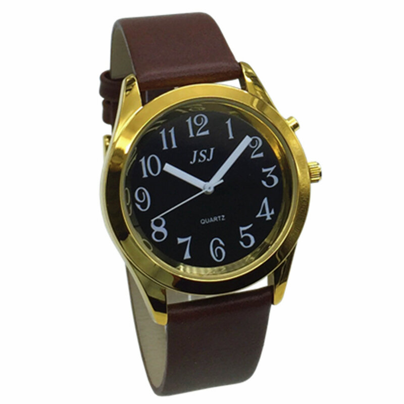 French Talking Watch with Alarm Function, Talking Date and time, Black Dial, Brown Leather Band, Golden Case TAF-806