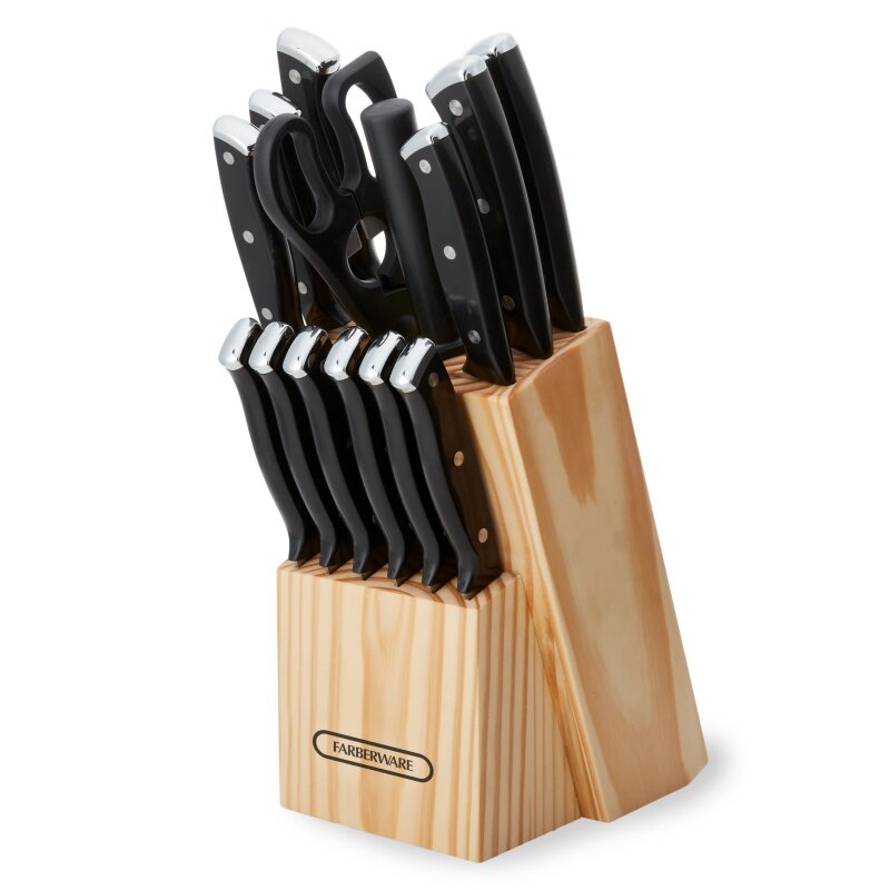 أدوات الفاربيرواري-طقم كتل سكاكين للمطبخ ، برشام ثلاثي ، كتلة خشب طبيعي ، مقابض سوداء ، 15 رباعي