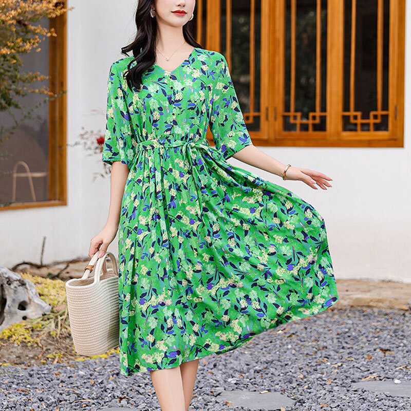 Vintage bedruckte Halbarm Kleider lässig V-Ausschnitt Damen bekleidung Mode Kordel zug 2024 Sommer lose A-Linie Taille Midi-Kleid