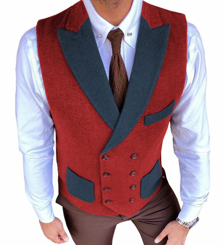 Men's Suits Vest Lapel with Three Pocket Splice Style Herrbonge Wool Waistcoat Fashion Vest For Jacket Groomsmen For Wedding