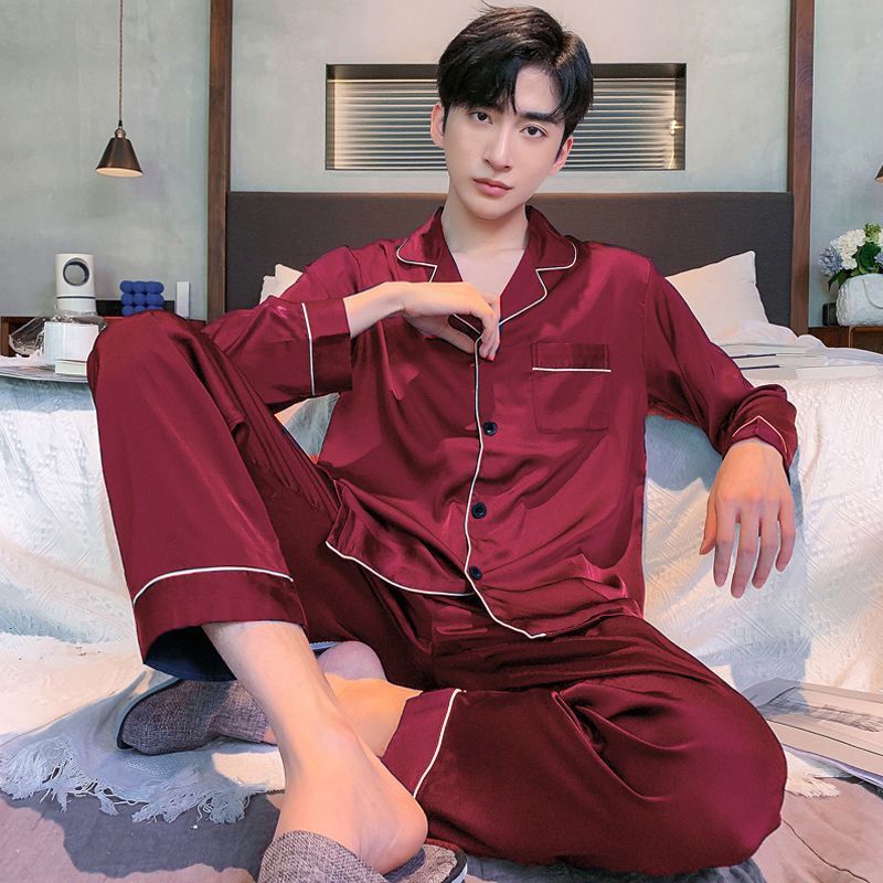 New pajamas Spring and autumn and summer Long-sleeved trousers Ice silk Sense of advanced gentleman Silk thin A loungewear set