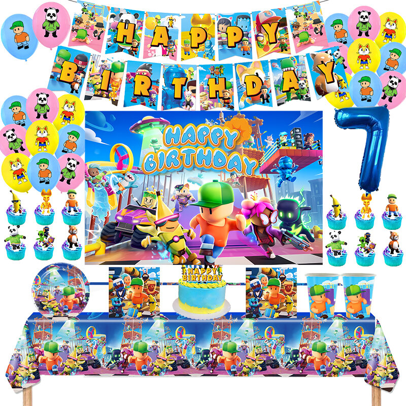 Stumble menino aniversário festa decoração, suprimentos de mesa, látex balão, pano de fundo, bandeira, bolo topper, chá de bebê