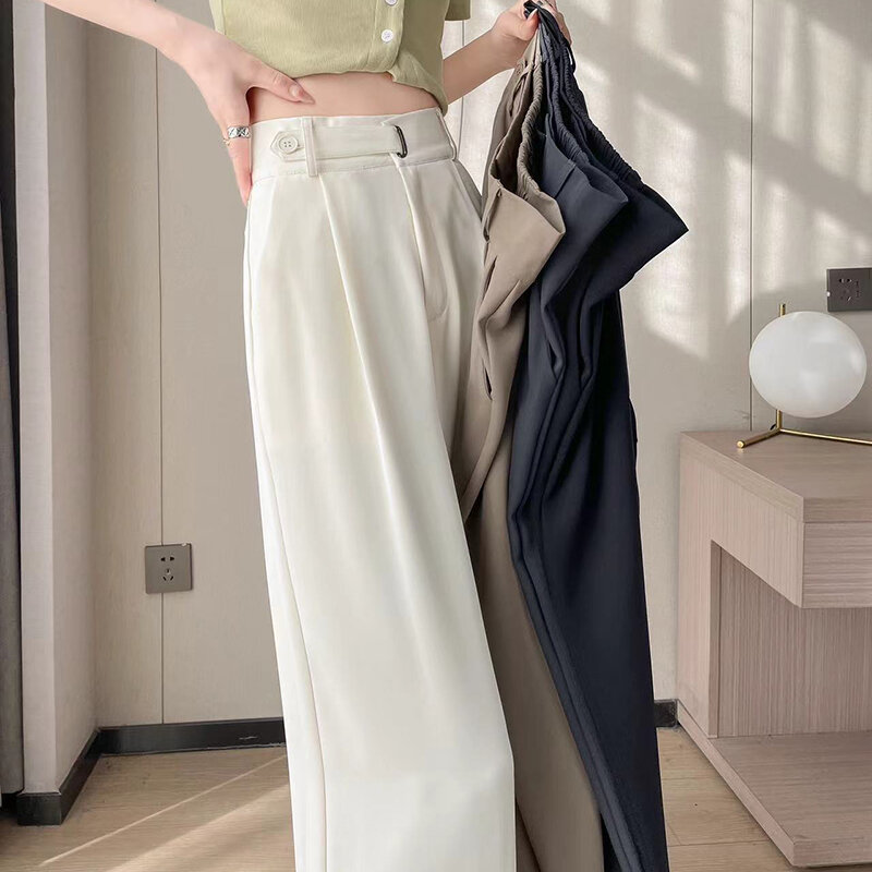 กางเกงขายาวเอวสูงสีดำสำหรับผู้หญิงสไตล์เกาหลีสูทสีเทาทรงหลวมออฟฟิศลำลอง