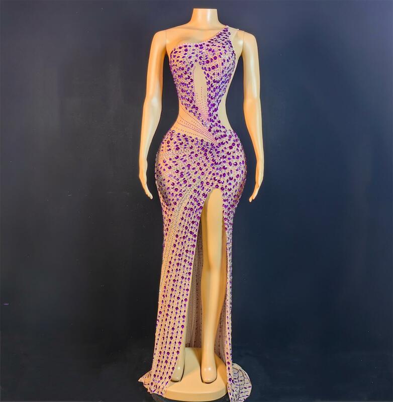 Feiniao-vestido longo assimétrico transparente com strass, vestido de noite sexy, celebração do aniversário, baile e sessão fotográfica