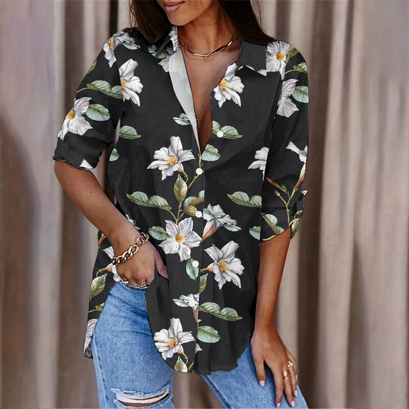 Chemise à manches longues à imprimé floral simple et frais, bouton, mince, polyvalent, à la mode, 03, vacances, décontracté