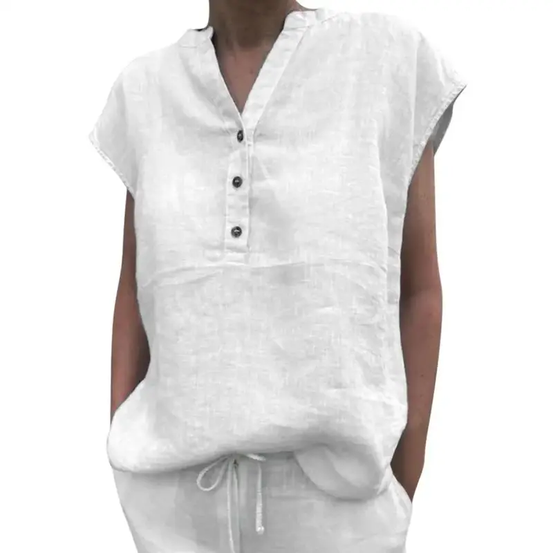 Kobiety t-shirt bawełniany len letnia bluzka jednolity kolor prosty krótki rękaw V dekolt szybko suche codzienne ubrania Ropa Mujer Blusas