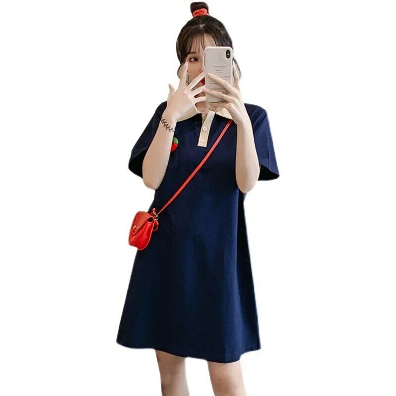 2023 Spring and Summer New Fashion Girls Collision Color Splicing Dress Age Reduction Love POLO Collar Casual T-shirt Dress