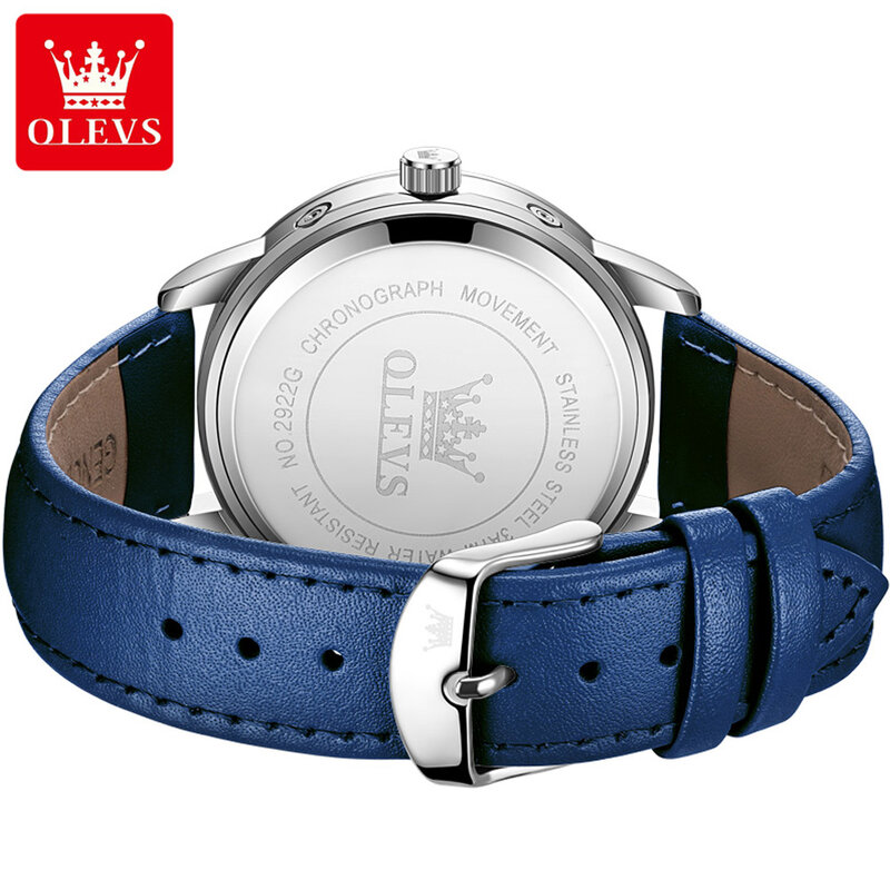 OLEVS-Relógio de Couro Azul de Luxo Masculino, Novíssimo, Negócios, Moda, Impermeável, Data, Cronógrafo, Relógio Quartz Masculino, Fases da Lua