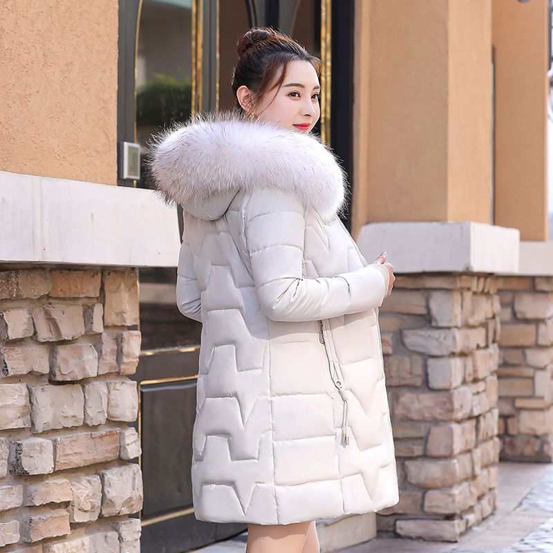Jaket musim dingin wanita, mantel bertudung kerah bulu hangat tebal parka versi panjang sedang musim dingin 2023