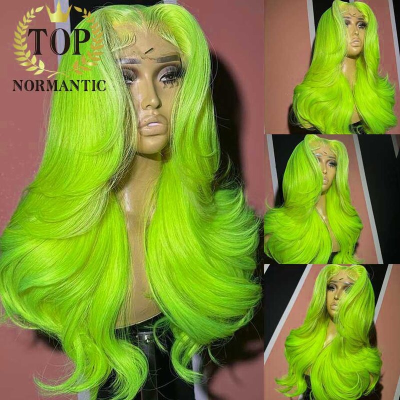 Topnormantic-Peluca de pelo brasileño con ondas corporales, pelo de bebé sin pegamento, color verde lechuga ligera, 13x4, 4x4