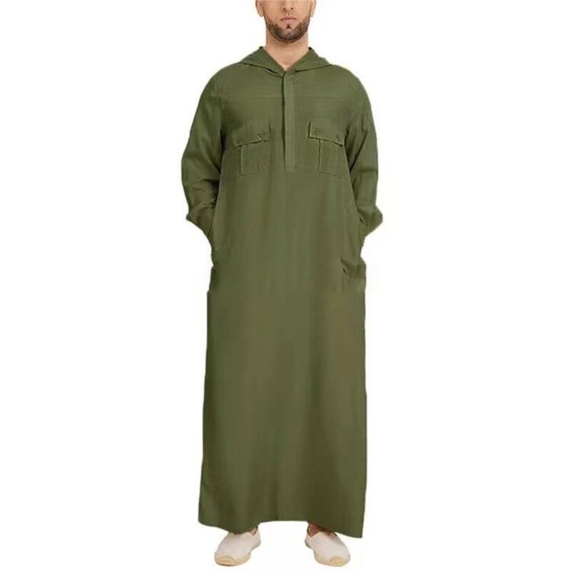 Jalabiya-男性用アバヤ,ルーズフィット,無地,長袖,ボタン,足首までの長さ,フード付き,ポケット