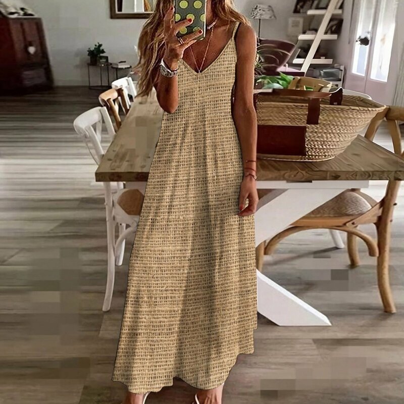 Vestido de textura de fibra para mulheres, vestido sem mangas, padrão de fundo, verão, 2023