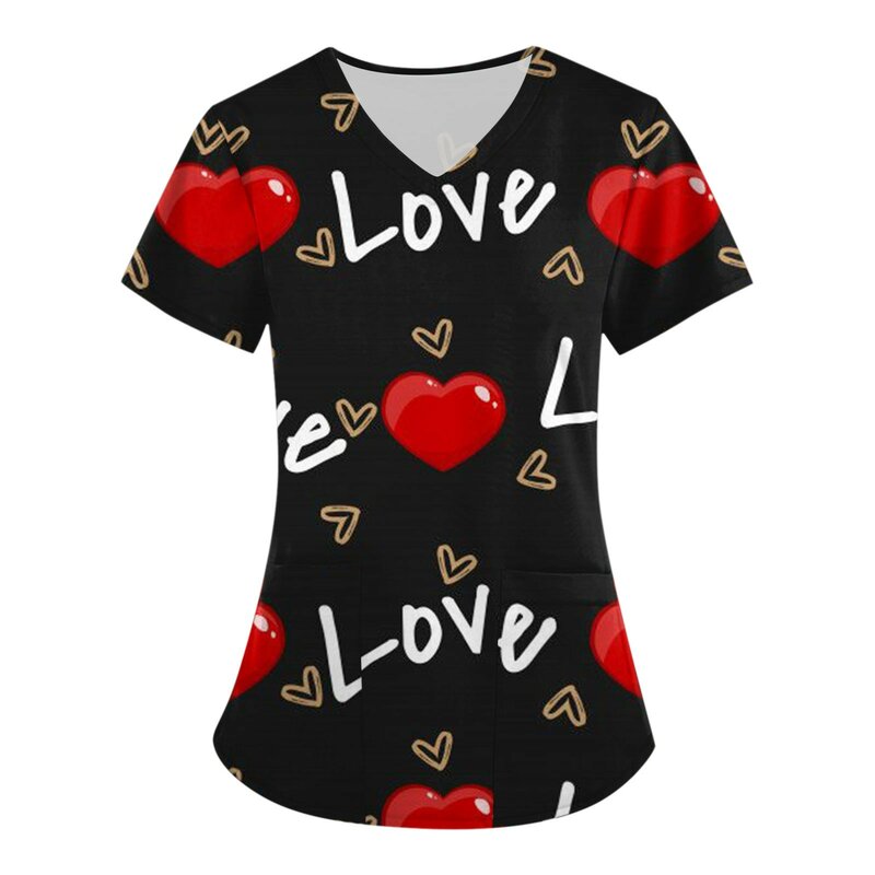 T-shirt à manches courtes pour femme, haut à col en V, chemisier imprimé coeur d'amour, chemise de travail infirmière, jour de Léon
