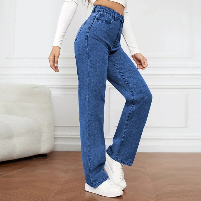 Calças jeans lavadas e elásticas femininas, jeans de perna reta, calça de cintura alta, monocromática, clássico, casual, elegante, versátil