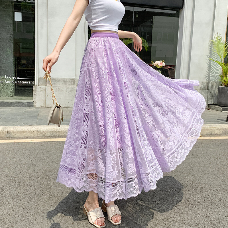 Lace Midi Skirt Woman Solid Color Hollow Out Maxi Long Black Skirts Womens Pleated Korean High Waist Jupe Saias Lining