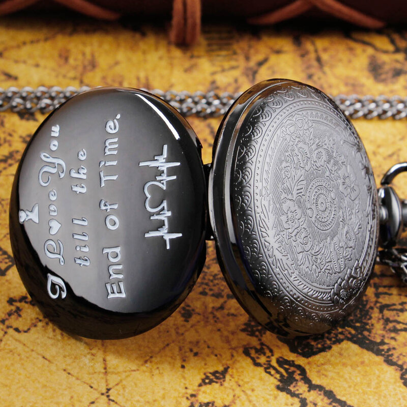 ساعة جيب كوارتز سوداء ، سلسلة فوب أنيقة ، الفولاذ على نحو سلس ، قلادة خمر ، قلادة الطلب ، ساعة الهدايا ، والأزياء