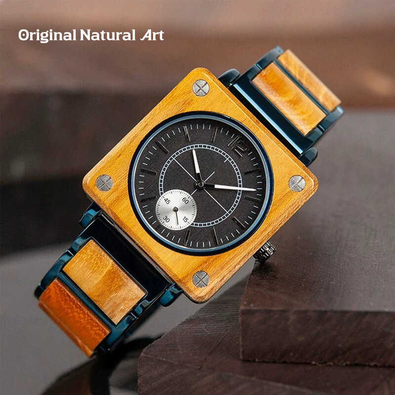 Jam tangan kuarsa uniseks, arloji kayu dan baja tahan karat kombinasi multifungsi dengan kronograf tahan gores, jam tangan hadiah untuk pria dan wanita