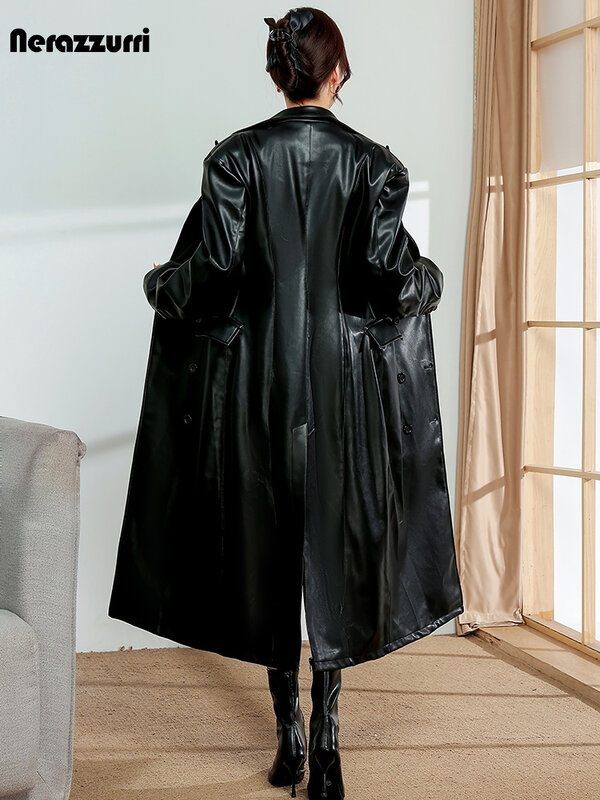 Nerazurri-أسود بولي Leather معطف واق من الجلد للنساء ، طويلة المجهزة ، شق الظهر ، مزدوجة الصدر ، ملابس مصمم الفاخرة ، الخريف ، 2023