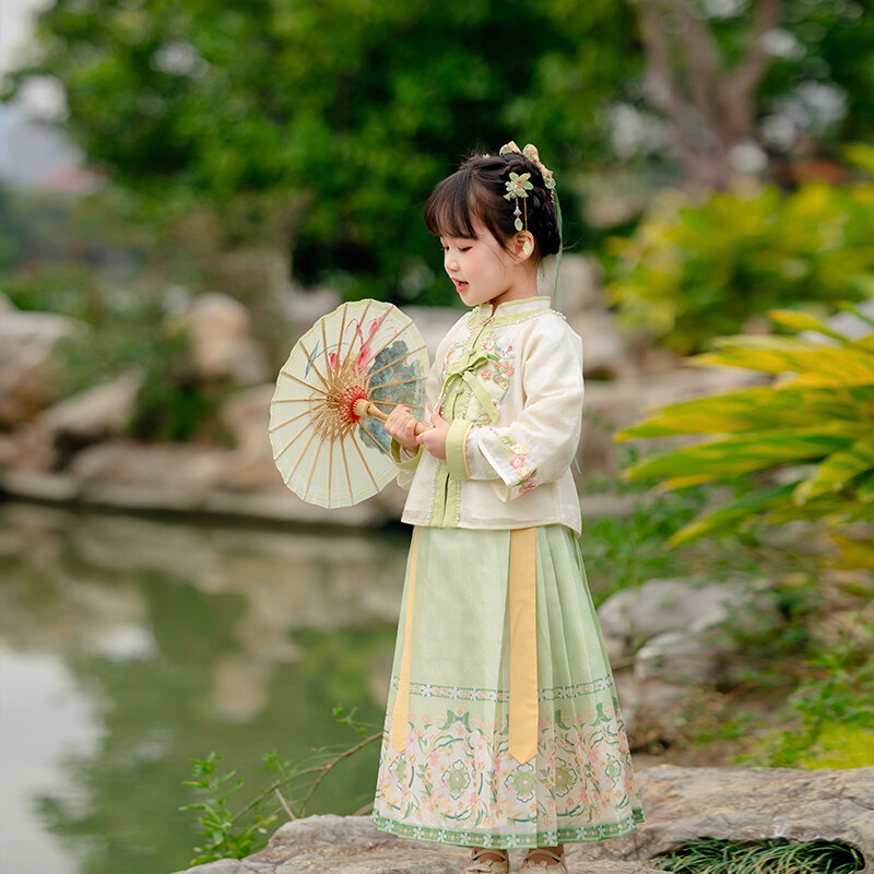 Hanfu dziewczynka wiosenna sukienka dziecko starożytny styl Ming stojący kołnierz dwuczęściowy zestaw mała dziewczynka starożytna sukienka długa spódnica dzieci