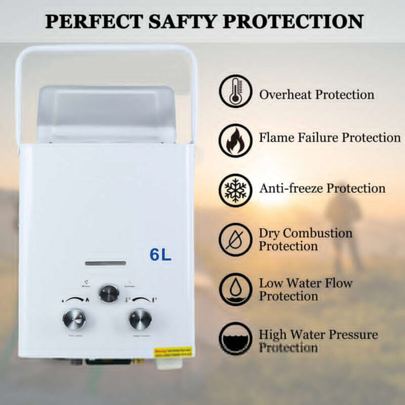6L Portable Tankless Hot Water Heater Camper Propane Gas LPG Outdoor Boiler