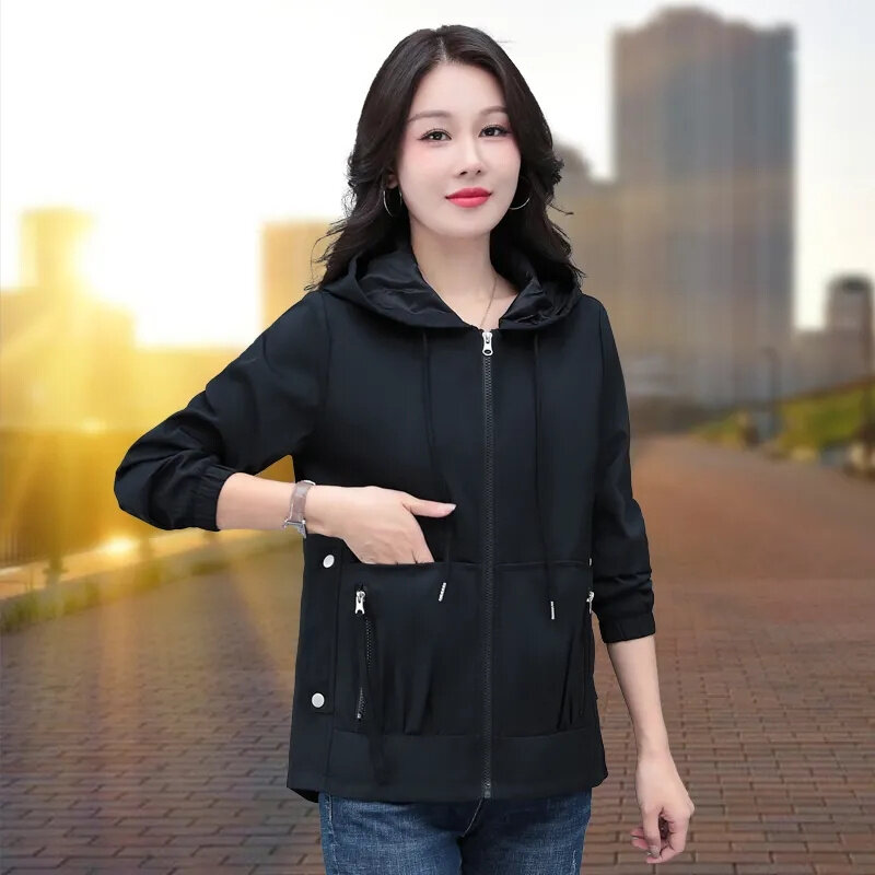 Spring Autumn Short Jacket Women Top 2024 New Korean Loose  All-Match Windbreaker Female Casual Hooded Outerwear Ladies Tops