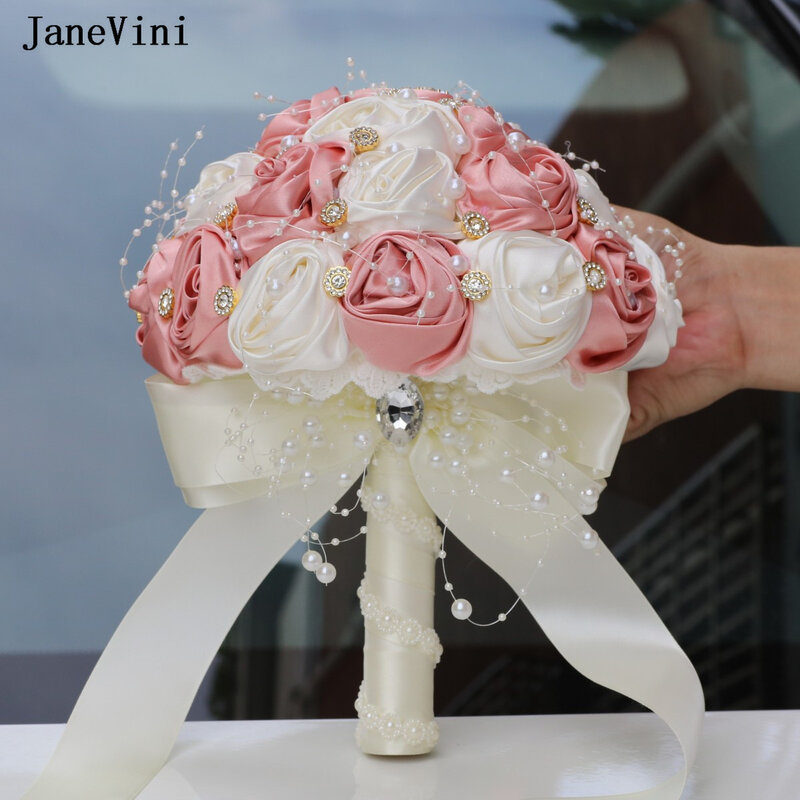 JaneVini Customized Nude Pink Ivory Bridal Bouquets with Pearls Crystal Artificial Satin Roses Wedding Flower Bouquet for Bride