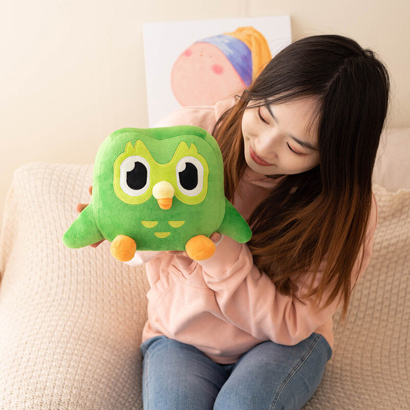 Green Duolingo Owl Plush Toy para crianças Duo Plushie de Duo, The Cartoon Owl, Anime Owl Doll, Soft Stuffed Animal, presente de aniversário