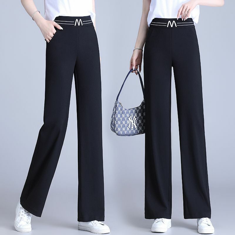 Pantalones de pierna ancha estrechos para mujer, traje adelgazante de cintura alta, algodón, lino, seda de hielo, oficina, Verano