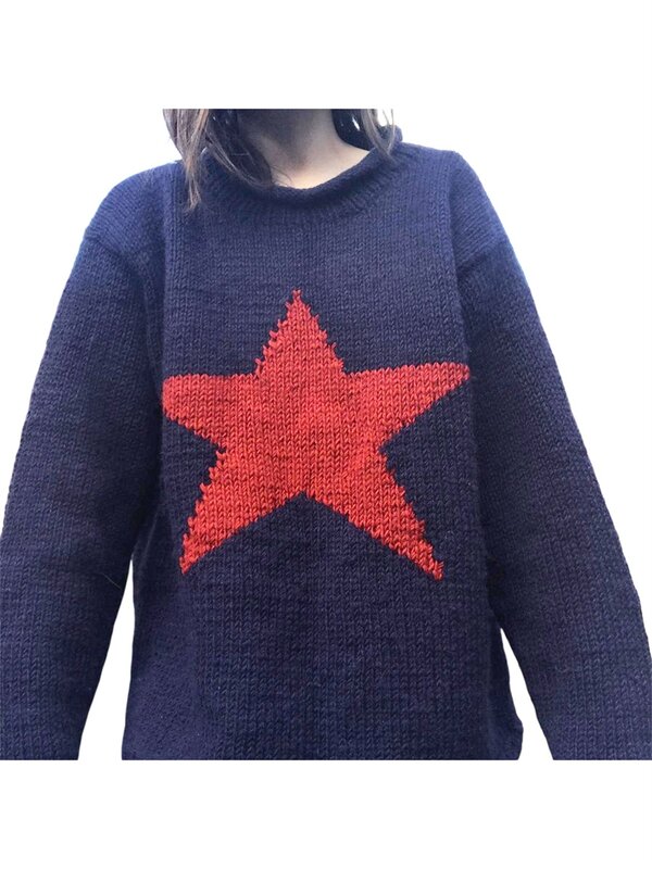Женский вязаный пуловер, Повседневный свитер с длинным рукавом и круглым вырезом, Зимний пуловер с рисунком звезд, топы