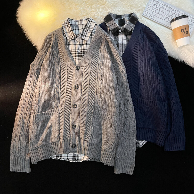 한국 니트 가디건 남성 니트 스웨터, 가을 겨울 코튼 카디건, 캐주얼 홈 버튼 카디건, 남성 코트 X26