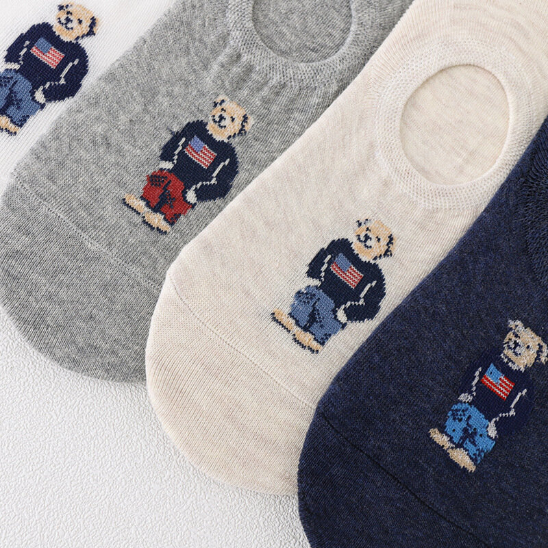 Chaussettes bateau pour hommes, lot de 5 paires, à la mode, ours de dessin animé Xia Qiu Non ald, invisible Silicone coton rinçage pantoufles rétro