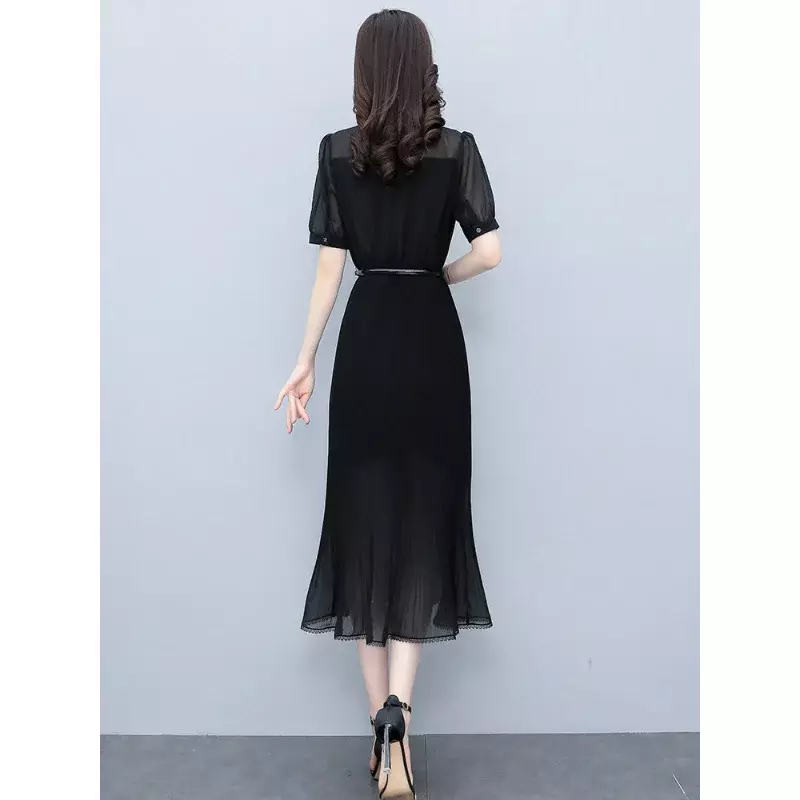 Gaun sifon hitam wanita musim panas ramping pas badan gaun panjang yang menakjubkan jahitan lengan pendek berlipat leher bulat pakaian OL