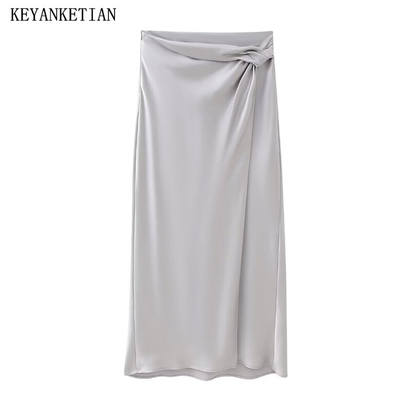 Новинка 2024, Женская атласная юбка миди KEYANKETIAN с узлом, украшенная тканью, элегантная юбка длиной до щиколотки на молнии с завышенной талией