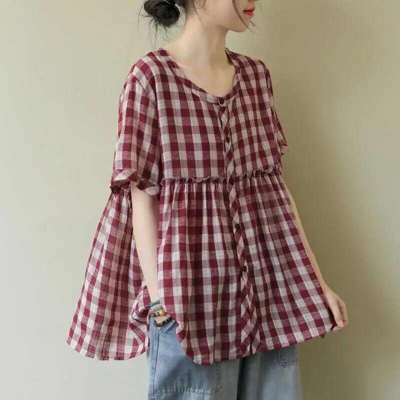 Fashion O-Neck Button Loose Spliced Ruffles Plaid Shirts Women Clothing 2024 Summer New Oversized Casual Tops All-match Blouses