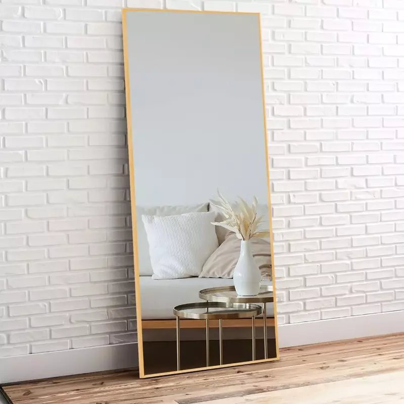 Espejo de suelo de longitud completa de gran tamaño con soporte para dormitorio, espejo de tocador dorado de 71 "X 28", espejos sin carga, cuerpo Led para sala de estar