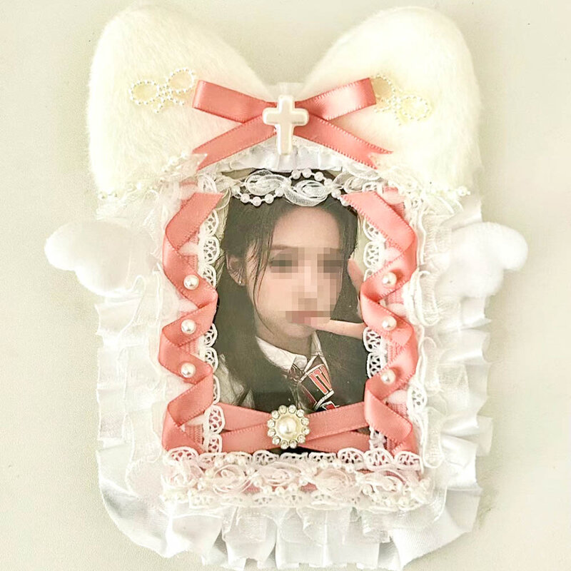 White Ribbon K-pop Photocard Holder Lace Toploader Plush Wings Cute Girl Gift Bag Pendant Itabag Decor Accessories Card Sleeves