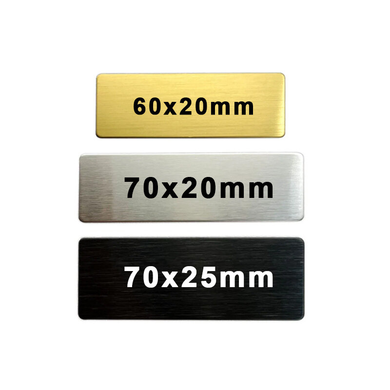 Gravação a Laser Metal Name Badge, Espelho de Cor Prata Dourada, Aço Inoxidável Escovado, Material em Branco, 70x25, 60x20mm, 70x20mm, 10Pcs