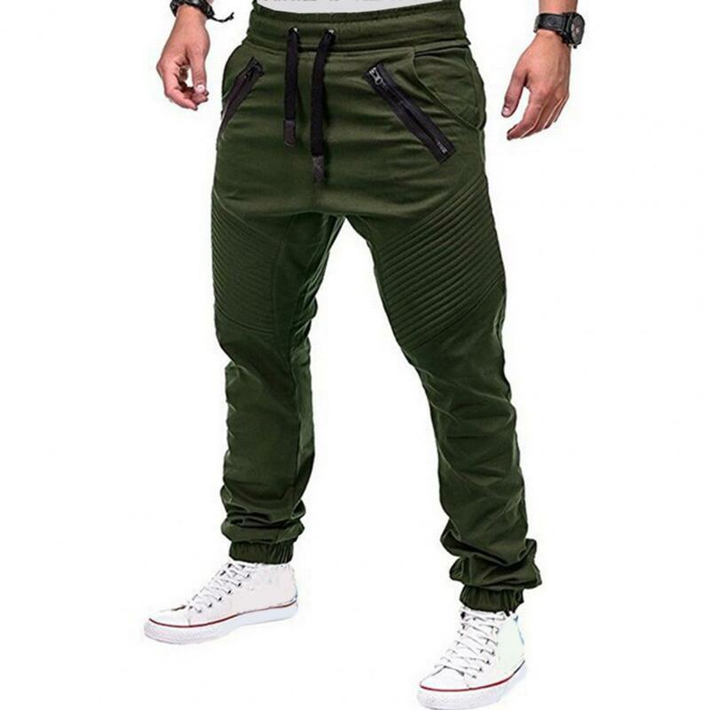 Calças de desenho casual com elástico na cintura masculina, ajuste regular com bolsos, monocromático, confortável, primavera