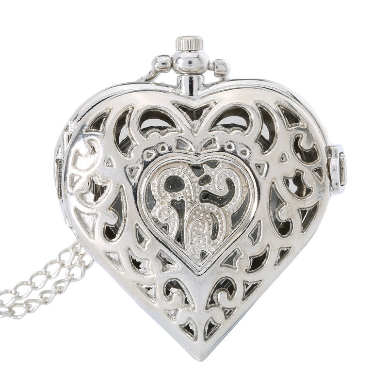 Moda argento a forma di cuore bella cava elegante orologio da tasca al quarzo ciondolo collana per le donne signore ragazza regalo di compleanno