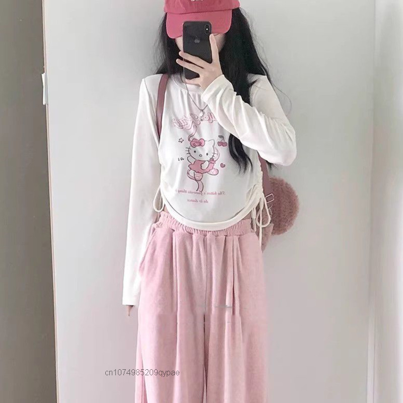 Sanrio Pink Long Sleeve Tee Kawaii Hello Kitty Star T-shirt Y2k College Sweet Cute Girl Short Top Women New Spring Clothing 2023