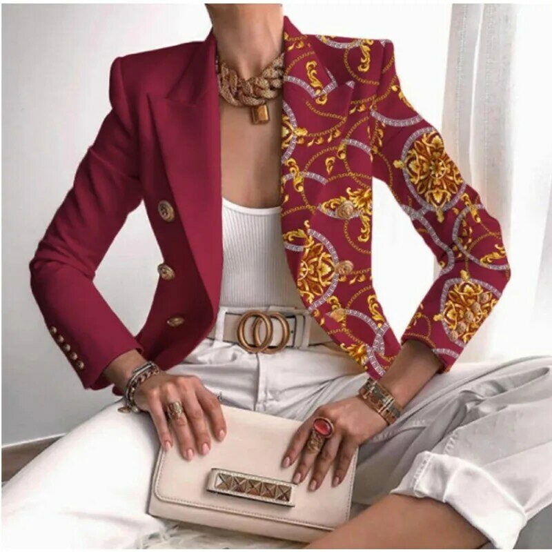 Women Fashion Casual Solid Double Breasted Long Sleeve Slim Blazer Y2K Autumn Coat Blend Outwear Jackets Chain Print Jackets