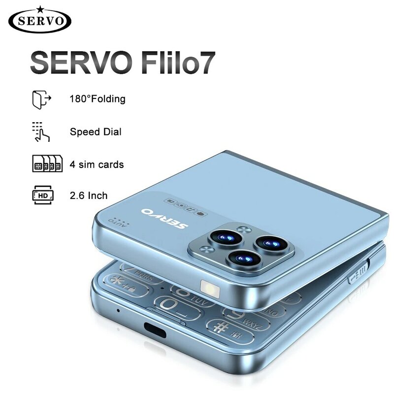 SERVO Flilo7 Nowy 4-krotny telefon komórkowy z klapką 2G GSM Nagrywanie rozmów telefonicznych FM Magic Voice Latarka Type-C Charge 180° Składany Cellphon