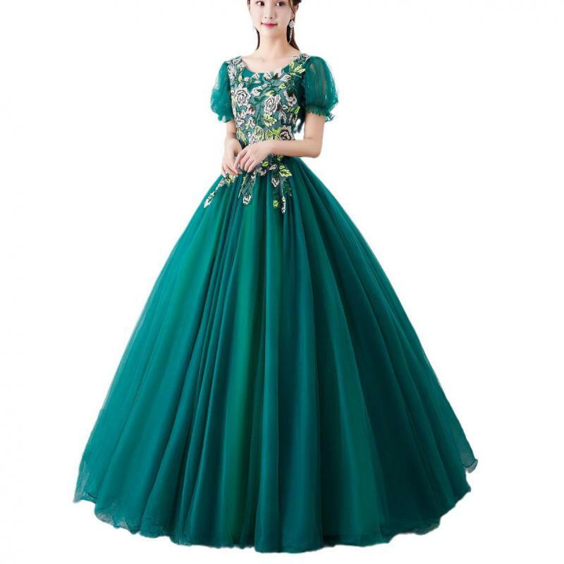 Green Tulle Quinceanera Dresses Elegant Floor-length Puffy Ball Gowns With Short Sleeve Classic Lace Appliques Prom Dress
